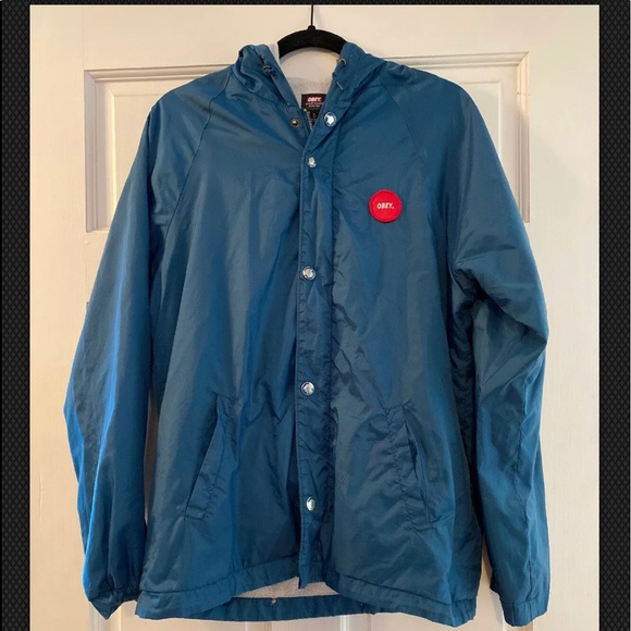 Obey Hooded Turquoise Nylon Jacket Mens Small - Picture 3 of 10